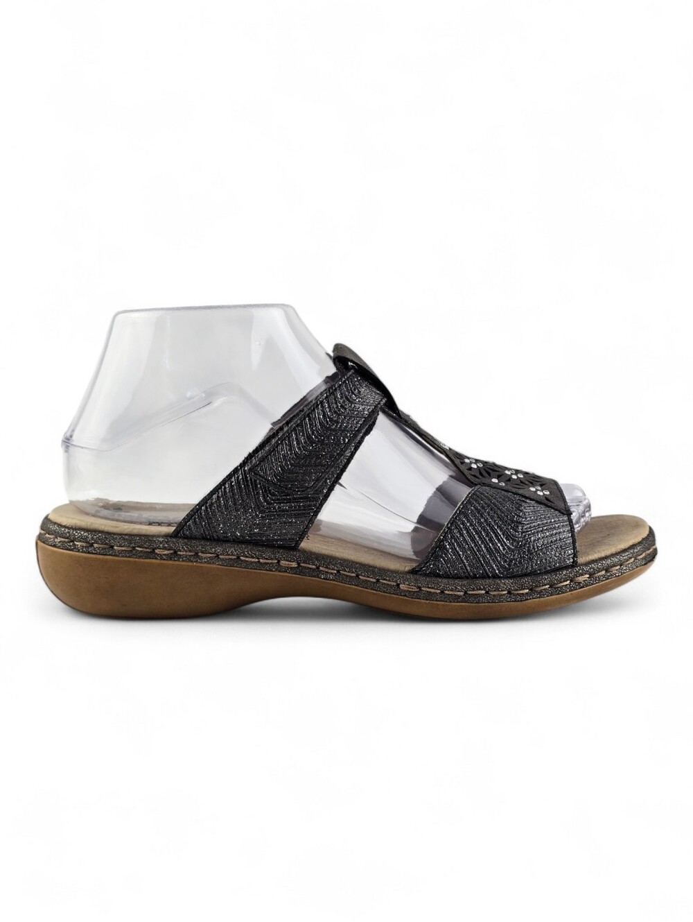 Rieker Antistress Women's Black Shimmer Floral Laser Cut Wedge Sandals 38